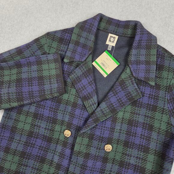 NWT Anne Klein Womens Large Plaid Open Front Cardigan Sweater Navy Green - Picture 1 of 12